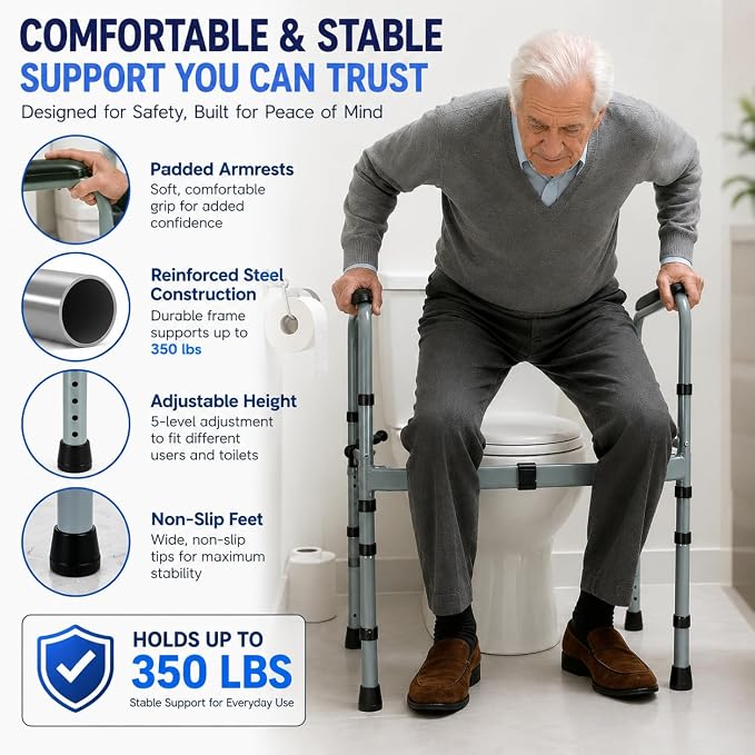 Toilet Safety Rails for Seniors, Foldable Stand Alone Toilet Safety Frame with Adjustable Handles, Freestanding Bathroom Rail for Easy Sitting & Standing, Fits Standard & Elongated Toilets, 350 lbs