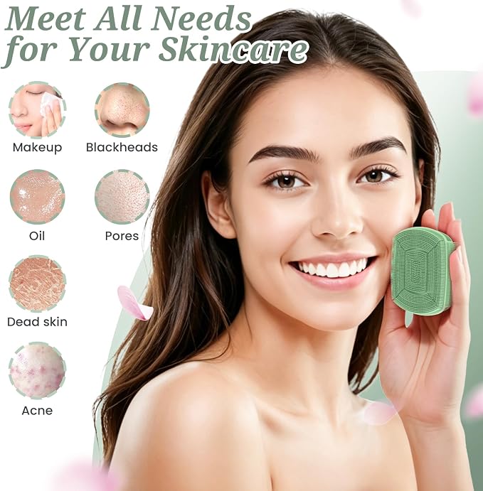 Silicone Back/Body/Face Scrubber & Lymphatic Contour Face Brush Set 4PCS, 13.4'' Soft Back Scrubber, 360° Anti-Slip Bath Glove, Unique Side-bristled Face Scrubber for All-Round Cleaning(Green)
