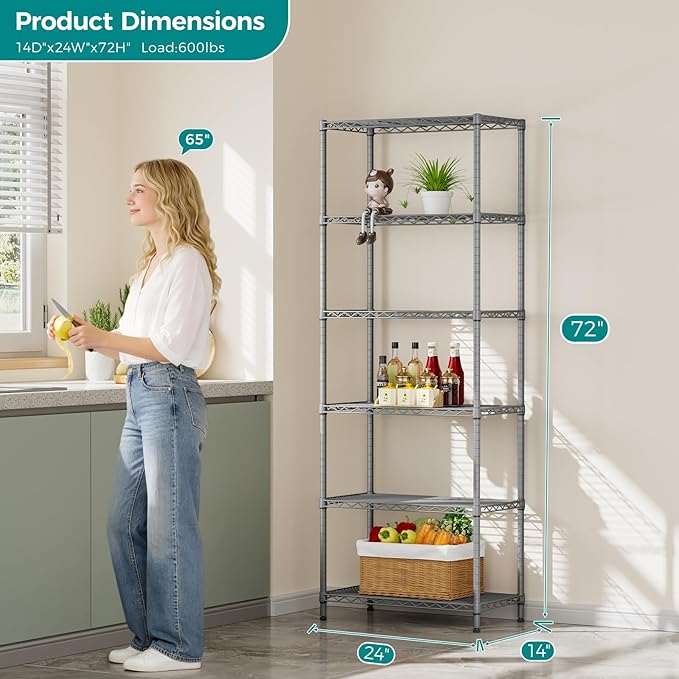 SINGAYE Shelf Wire Shelving Adjustable Storage Shelves Rack Standing Units for Kitchen Closet Laundry Bathroom Organizers Metal Pantry Narrow Mesh Gaps 14" D x 24" W x 72" H Grey