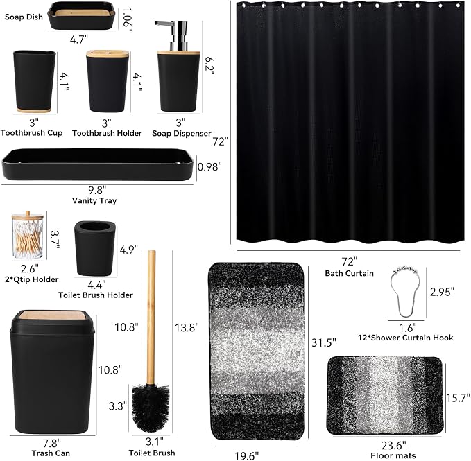 XLHOMO 24PCS Bathroom Sets with Shower Curtain and Rugs,Black Bathroom Accessories Set Waterproof Black and White Shower Curtain Set, Toilet Brush, Trash Can & Bathroom Rug