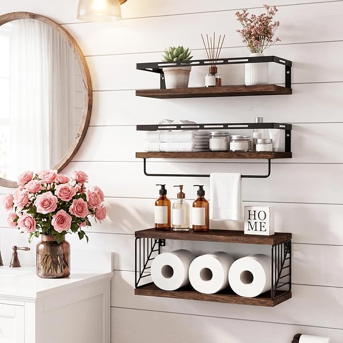 Fixwal Wall Mounted Bathroom Shelves Over Toilet, Rustic Wood Floating Shelves with Metal Frame and Towel Bar for Bathroom, Kitchen, Bedroom, Living Room (3 Plus 1 Dark Brown)