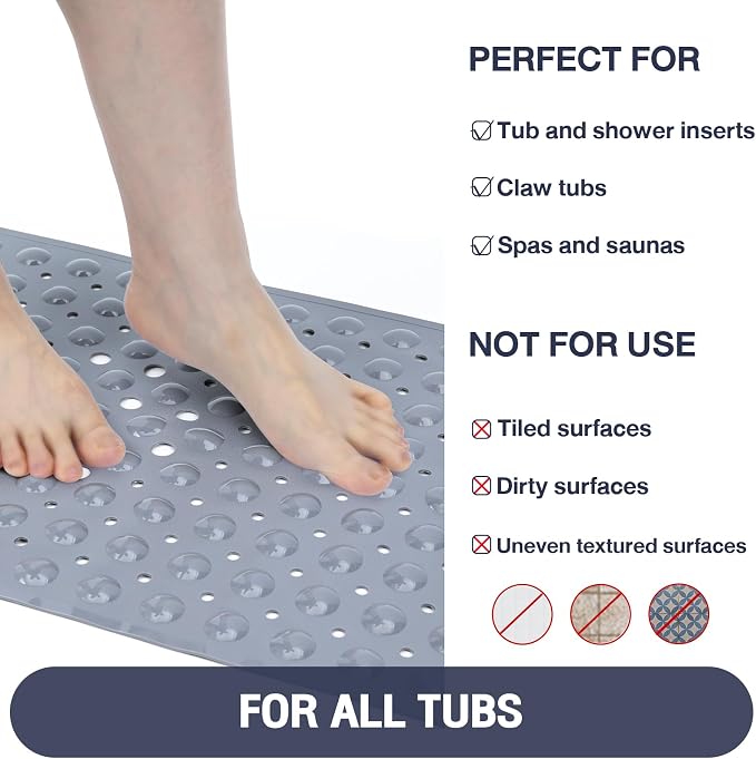 Extra Long Gray Bathtub Mat Non Slip, Soft Bath Mat for Tub 40 x 16 Inch Full Size, Bath Tub Shower Mats for Bathroom Floor with Big Suction Cups and Drain Holes, Easy Washable, BPA Free