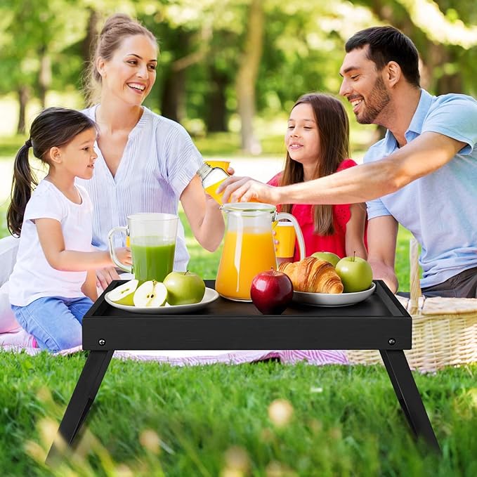 Bamboo Bed Tray Table with Folding Leg, Breakfast in Bed Tray for Eating,Kitchen Serving,Food, Sofa, Snacking or Working, Laptop Desk Dinner(1, Black)