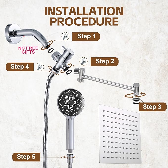 Shower Head,10”Rain Shower Head with Handheld Spray Combo and Adjustable Extension Arm/3-Way Flow Regulator/Shower System,High Pressure Rain Fall Hose,Chrome