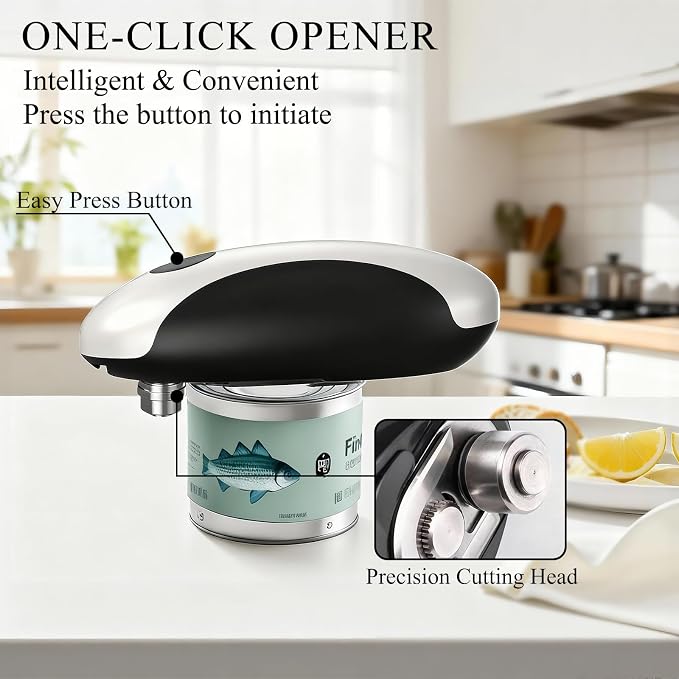Electric Can Opener for Seniors & Arthritis - Rechargeable Automatic with One-Touch Open and Smooth Edge Cutting, Lid Remover, Food-Safe Stainless Steel Blade Easy to Use Hands-Free, Black