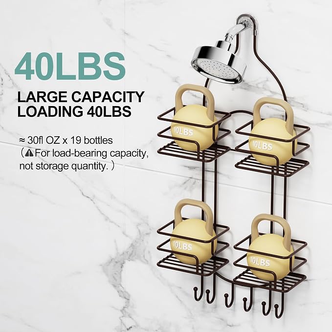 SRIWATANA Shower Caddy Organizer Hanging Over Head, Bathroom Shower Rack Hanger with Hooks for Razors - Bronze