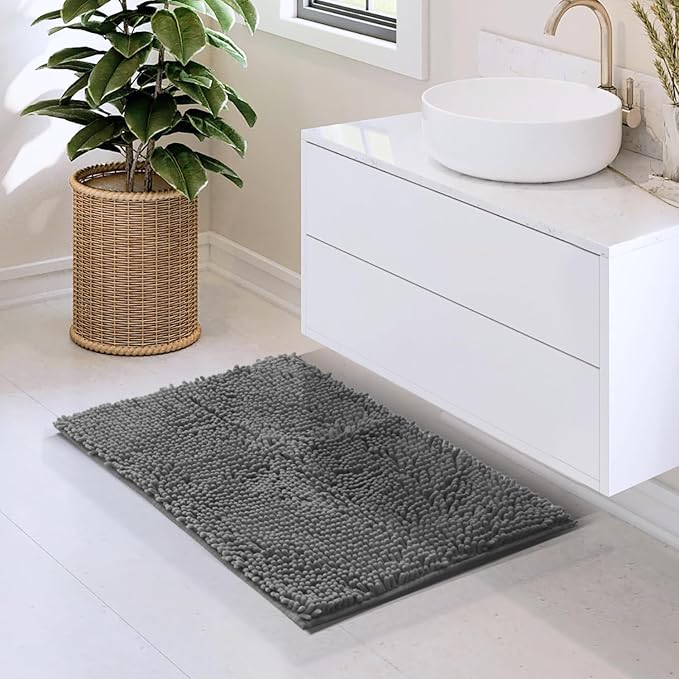 Hearth & Harbor Bathroom Rugs, Chenille Bath Mat - Machine Washable Bath Mats for Bathroom Non-Slip Backing Rubber, Quick Dry Bathroom Mat - Grey Bath Rug, 17x24
