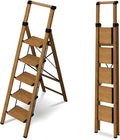 5 Step Step Ladder,Lightweight Folding Step Stool with Anti-Slip Aluminum Wide Pedal&Convenient Handgrip,Steel Ladder for Household and Office(Woodgrain)