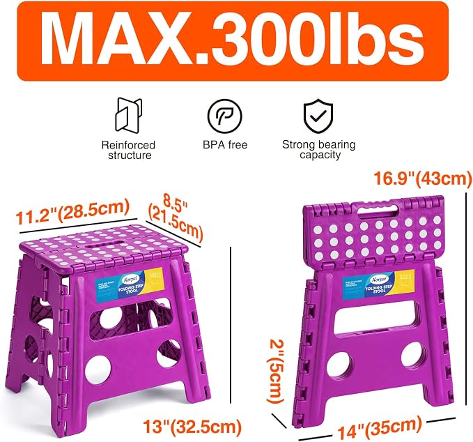 Korpai 13" Folding Step Stool for Adults and Kids Holds Up to 300 lbs,Non-Slip Folding Stools with Portable Handle, Compact Plastic Foldable Step Stool for Bathroom,Bedroom, Kitchen, Purple,1PC