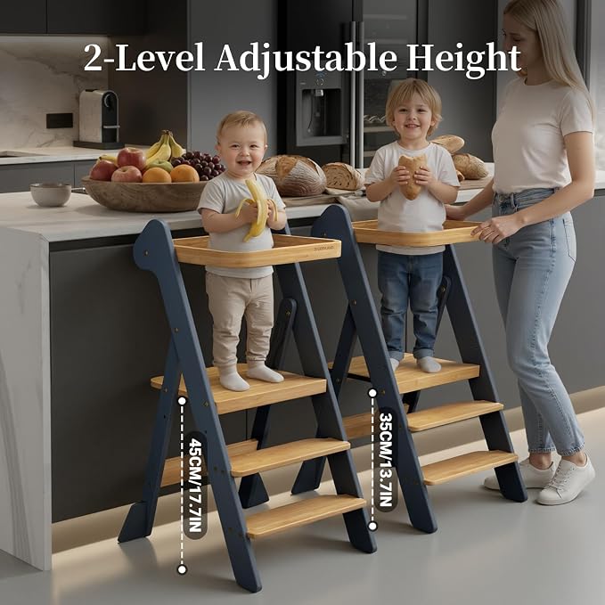 COSYLAND Foldable Standing Tower – IF Design Awarded Toddler Kitchen Step Stool with Safety Net & Large Side Support Legs– Adjustable Toddler Learning Helper Stool (Slate Blue & Natural)-Foldi