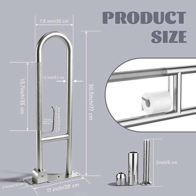30.3 Inch Toilet Grab Bar, HUAS Brushed Nickel Anti Slip Bathroom Toilet Safety Rails, U Shaped Flip-Up Handicap Grab Bars w/Paper Holder, Stainless Steel Support Handrail for Elderly Disabled Senior