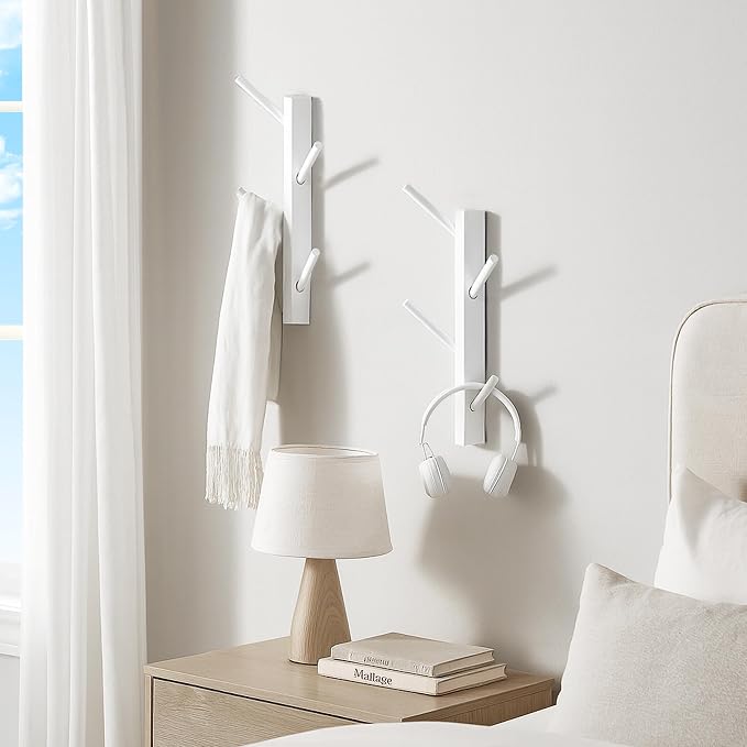 TIOPGHAD 2 Pack Small Vertical Coat Rack Wall Mount, Bamboo Coats Hooks Clothes Holder Hanger for Wall Coat Hat Jacket Clothing Bathroom Robes Entryway(White)