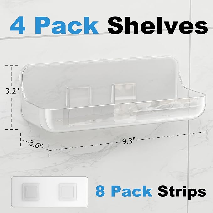 4 Pack Acrylic Bathroom Shelves, Clear Adhesive Stick on Shelf with 8 Pack Adhesive