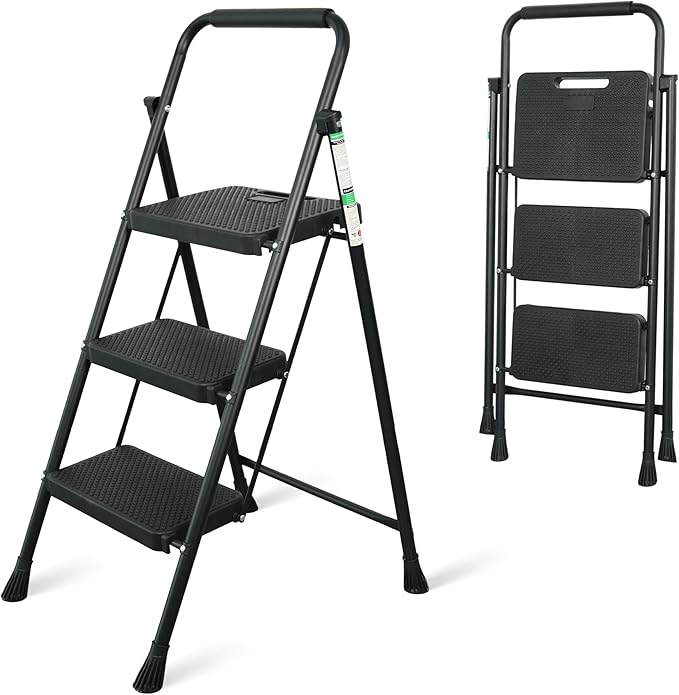 Step Ladder, Portable Steel Folding Step Stool with Wide Anti-Slip Pedal & Convenient Handgrip, Sturdy Steel Ladder, 3-Step, Black