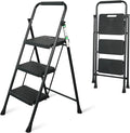 Step Ladder, Portable Steel Folding Step Stool with Wide Anti-Slip Pedal & Convenient Handgrip, Sturdy Steel Ladder, 3-Step, Black