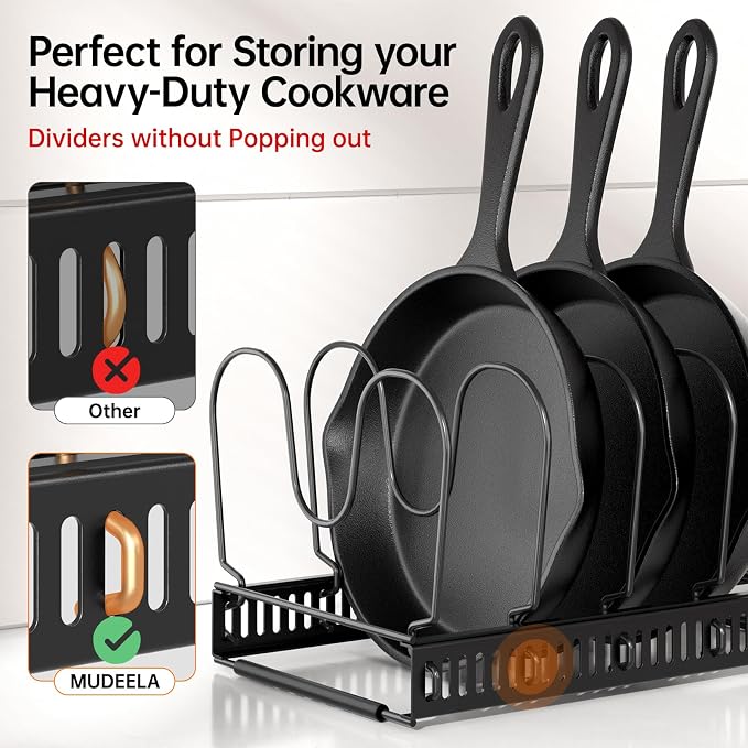 MUDEELA Pot and Pan Organizer Rack for under Cabinet, Expandable 11.81''-22.85'' Pot Lid Kitchen Cabinet Organizer Holder with 12 Adjustable Compartment Cutting Board Organizer for Pan Lid, Bakeware