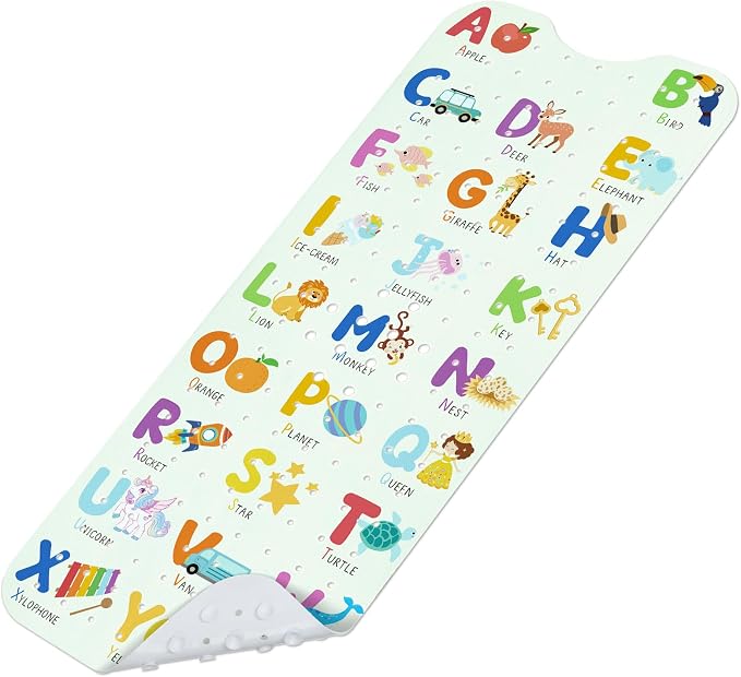 Baby Bath Mat for Tub, Non Slip Kids Bath Shower Mat, 40 X 16 Inch Large Bathtub Mat with Drain Holes and Suction Cups for Toddlers, Machine Washable and Waterproof (Alphabet)