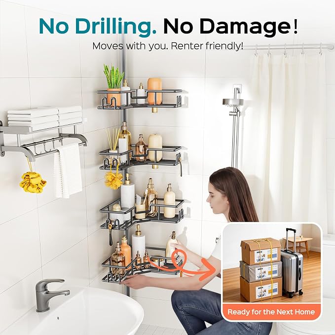 HAMITOR Adjustable 4-Tier Bathroom Storage: Corner Rustproof Shower Caddy Tension Pole - Floor-to-Ceiling Space-Saving Organizer - No Drill Tension Mounted Home Accessory Rack for Renters 47-123 Inch