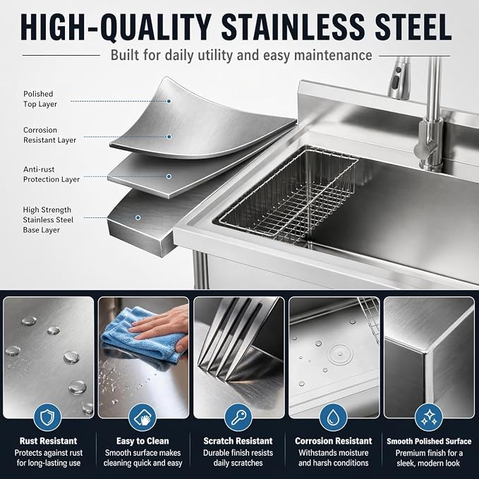 Gray Utility Sink, 47 x 22 x 37 Inch Freestanding Stainless Steel Single Bowl Laundry Sink With Pull-Down Faucet, Large Workbench Top, Modern Metallic Finish for Garage, Mudroom