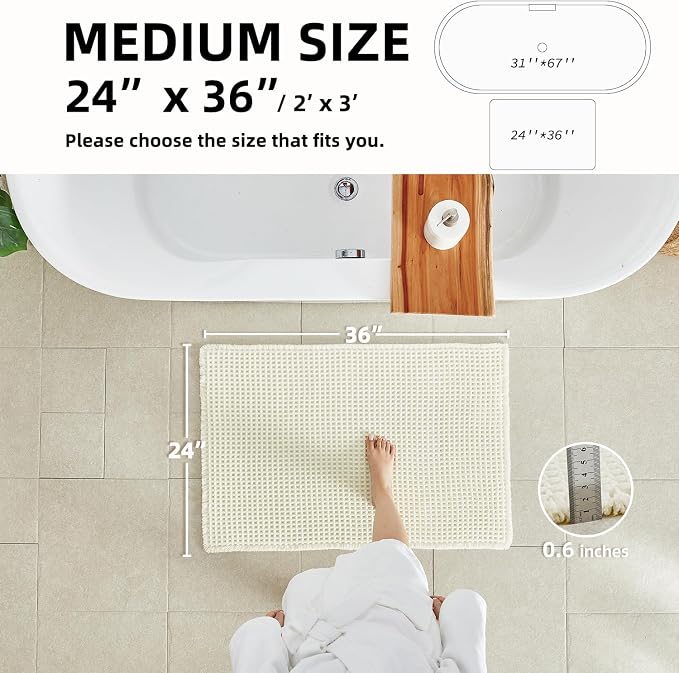 TYUU Cream White Bathroom Rugs, Waffle Bath Mat Non Slip Washable Super Absorbent Quick Dry Boho Farmhouse Bathroom Decor, 36"x24" Cream White