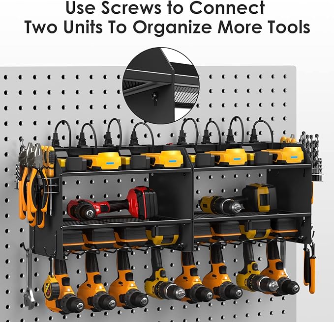 CCCEI Modular Power Tool Organizer Wall Mount with Charging Station. Garage Drill Storage Shelf with Hooks, Heavy Duty Rack, Tool Battery Holder Built in 8 Outlet. Gift for Men. Black, 1 Pack.
