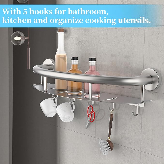 Munzong 18 Inch Shower Grab Bar w/Storage Shelf, Stainless Steel 2 in 1 Bathroom Grab Bar, Wall Mount Balance Bar, Safety Hand Rail Support Handicap Elderly Injury Senior Assist Bath Handle
