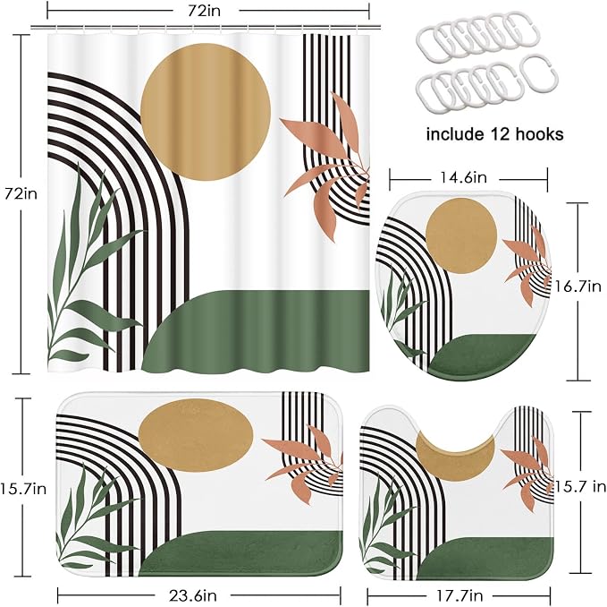 Boho Mid Century Shower Curtain Set with Toilet Lid Cover and Non-Slip Rugs, Abstract Green 4 Pcs Modern Minimalist Shower Curtain for Bathroom Set with 12 Hooks