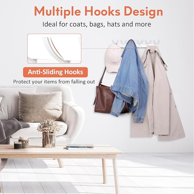 Optish Coat Rack Wall Mount, Coat Hook Wall Mount, Wall Hooks for Hanging, Hat Rack for Walls, Coats Hanger with 12 Hook, Towel Hooks for Bathrooms (1 Pack, White)