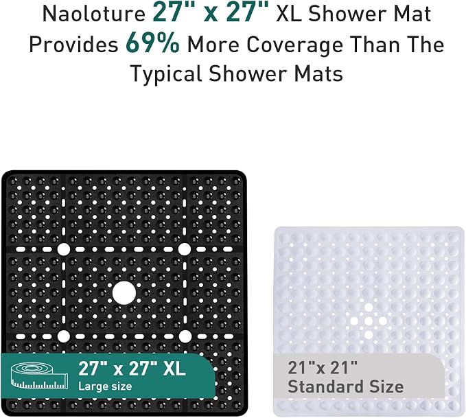 Large Square Shower Mat 27 x 27 Inch Black, Non Slip Shower Bathtub Mats for Inside Shower With Big Suction Cups Drain Holes, Anti Slip Bathroom Floor Shower Stall Mats, Easy Clean, BPA-Free