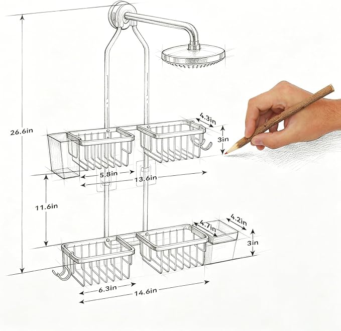Adjustable Hanging Shower Caddy for Handheld Showerhead, Rustproof Aluminum Over Shower Head Organizer, Renter-Friendly No-Swing Storage for Tall Bottles & Soap, 2-Tier, Black