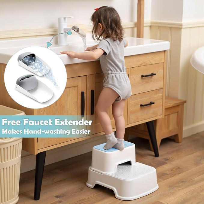 2 Step Toddler Step Stool, Non-Slip Multifunctional Kids Step Stool for Bathroom Sink & Toilet Potty Training,Supports Up to 220 lbs (2 Packs, Blue)