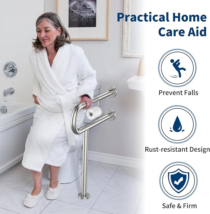 Toilet Grab Bar with Leg 24x28 Inch, ZUEXT Brushed Nickel Knurled Toilet Support Bar with Toilet Paper Holder, Stainless Steel Wall & Floor Mounted Bathroom Support Rail for Elderly Disabled Pregnant