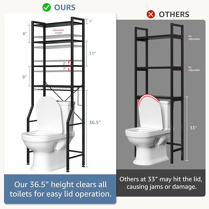 DUMOS Over-The-Toilet Storage Rack, 4-Tier Freestanding Bathroom Organizer Shelf Over Toilets with Adjustable Shelf and Basket, Space Saver Above Toilet Storage Cabinet with 3 Hooks for Rooms, Black