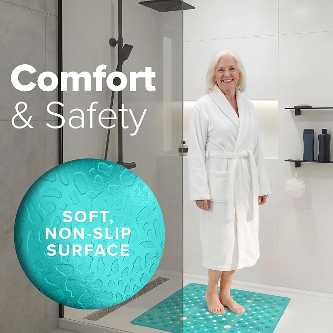 SlipX Solutions 27" Oversize Square Shower Mat, Non-Slip Mat for Elderly & Kids, 100+ Power Grip Suction Cups for Smooth Surfaces, Machine Washable, Transparent Aqua