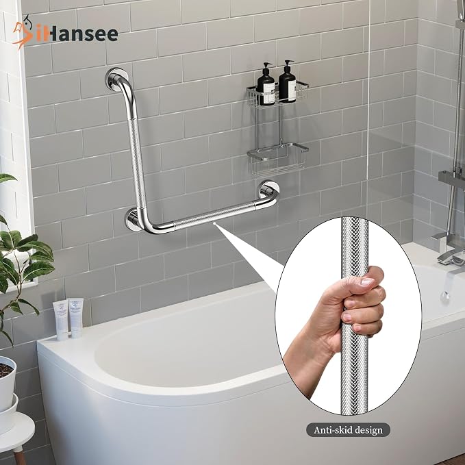 L-Shaped Angled Grab Bar 16x16 Inch Chrome Anti-slip Knurled Shower Handle Wall Mount, Stainless Steel Shower Bars Safety for Seniors Injured Balance Support, Handicap Grab Bars for Bathtubs & Showers