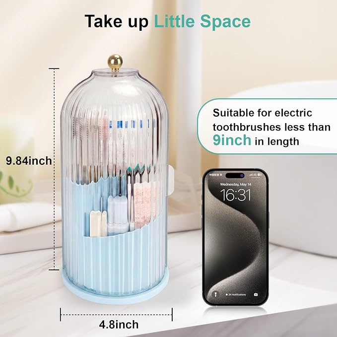 QIYVLOS Toothbrush Holders with Sliding Lid, Rotating 3 Slots Bathroom Organizer Countertop, Tooth Brush Toothpaste Holder Bathroom Counter Stand Sink Organizer Caddy for Makeup Brushes Holder (Blue)