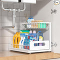 Under Sink Organizer 2 Tier, Pull Out Drawer Slides Under Sink Storage for Bathroom Kitchen,Multi-Purpose Drawer Under Cabinet Organizer for Cleaning Supplies (White, 1 Pack)