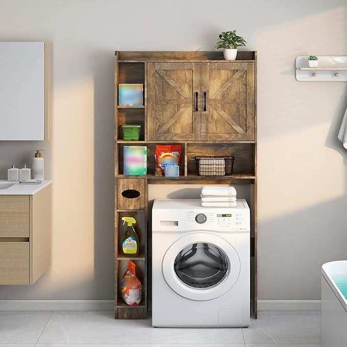 Vabches Over The Toilet Storage Cabinet, Farmhouse Storage Cabinet Over Toilet with 2 Barn Doors & Toilet Paper Holder Stand，Home Space-Saving Toilet Rack, for Bathroom, Restroom, Laundry.