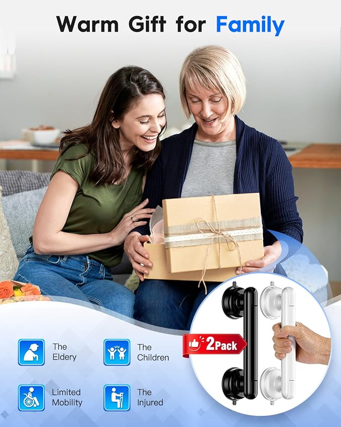 Upgraded 2-Pack Grab Bars for Shower Bathroom Wall, Heavy-Duty Suction Grab Bars Shower Handle Safety for Elderly Seniors Handicap, No Drilling Tool-Free, Reusable (Black and White)