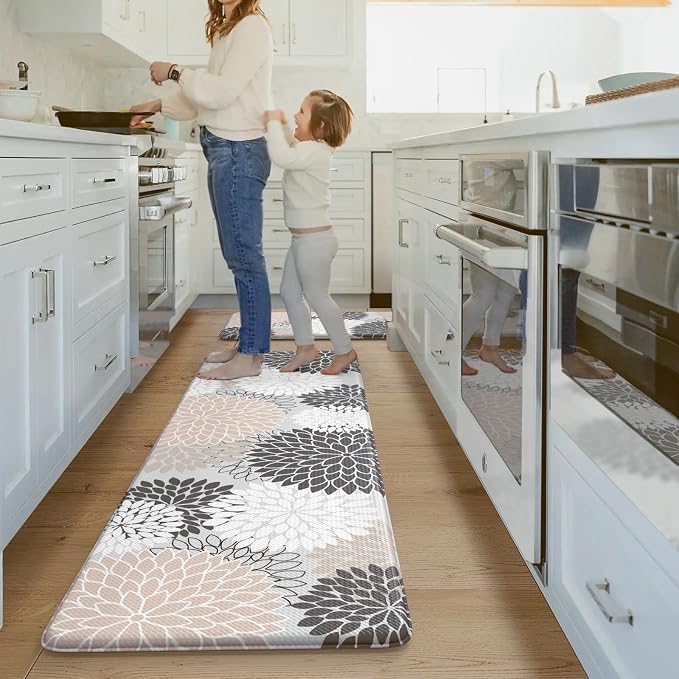 Kitchen Rugs and Mats Cushioned Anti Fatigue Kitchen Mat 2PCS Non-Skid Waterproof Boho Kitchen Runner Rug Comfort Foam Standing Mat for Office,Laundry,Kitchen Sink,Grey Floral
