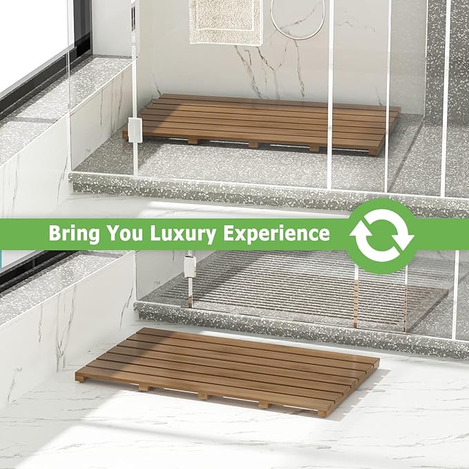 Bamboo Wooden Bath Floor Mat for Luxury Shower - Non-Slip Bathroom Waterproof Carpet for Indoor or Outdoor Use (Walnut,31.3 x 18.1 x 1.5 Inches)