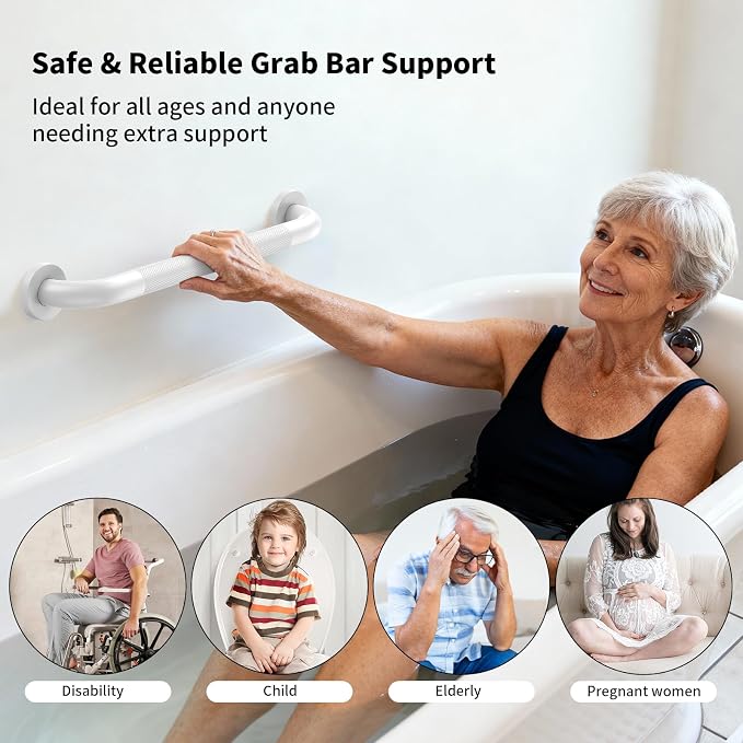 White Grab Bar 24 Inch, iHansee Anti-Slip Bathroom Grab Bar w/Knurled Grip, Stainless Steel Safety Handrail for Toilet Bathtub Shower, Wall Mounted Matte Black Handicap Bars Handle for Senior Elderly