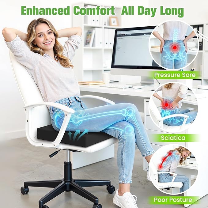 Seat Cushion for Office Chairs, Memory Foam Chair Cushion with Patterned Core for Even Support, Back, Tailbone & Sciatica Relief, Chair Pillow with Carry Handle for Car, Wheelchair(Black)