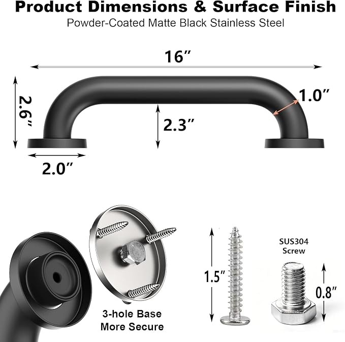 16" Stair Handrail, Wall-Mounted Safety Grab Bar for Indoor & Outdoor Steps