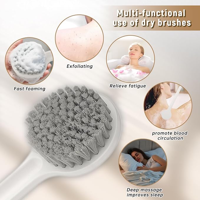 New Upgrade Shower Brush with Soft Nylon Bristles, Long Handle Shower Bath Brush, Back Scrubber for Shower, Body Exfoliator for Wet or Dry Brushing