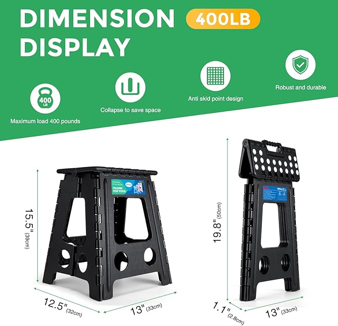 Dyforce 16 Inch Folding Step Stool, 400 lbs Heavy Duty Plastic Step Stool for Adults, Non-Slip Foldable Stepping Stool with Anti-Pinch Handle for Kitchen Bathroom Bedroom Office, Black 1PC