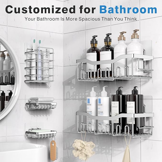 EUDELE 5-Pack Adhesive Shower Caddy Organizer, Large Capacity Rustproof Stainless Steel Shower Shelves, No Drill Bathroom Storage for Shower, Kitchen & Home Decor