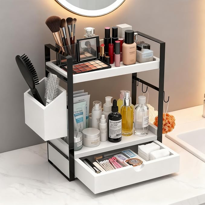 2-Tired Bathroom Counter Organizers and Storage, Bathroom Countertop Organizer with Drawer, Solid Wood Skincare Perfume Organizer for Vanity Kitchen Corner Shelf Office Countertop (White)