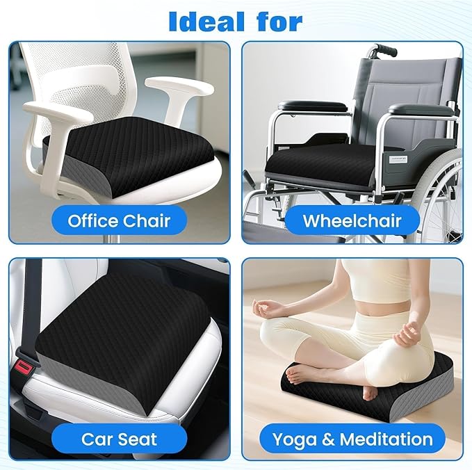 Seat Cushion for Office Chair, Memory Foam Chair Cushions, Car Seat Cushion for Long Sitting, Desk Chair Cushion for Pressure Relief, Non-Slip Bottom, Washable Cover, X-Large, Black