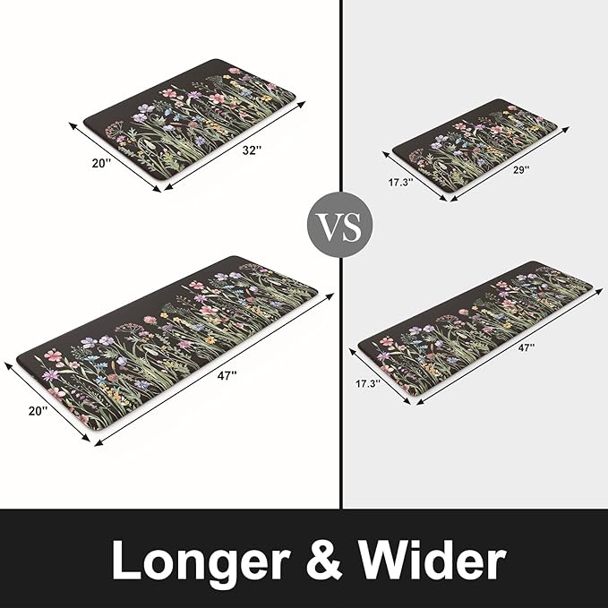 KIMODE Anti Fatigue Kitchen Mats for Floor 2 Piece, Cushioned Farmhouse Kitchen Rugs, Non Slip Kitchen Floor Mats, Comfort Foam Standing Desk Mats for Laundry Office Sink Black 20"x47"+20"x32"